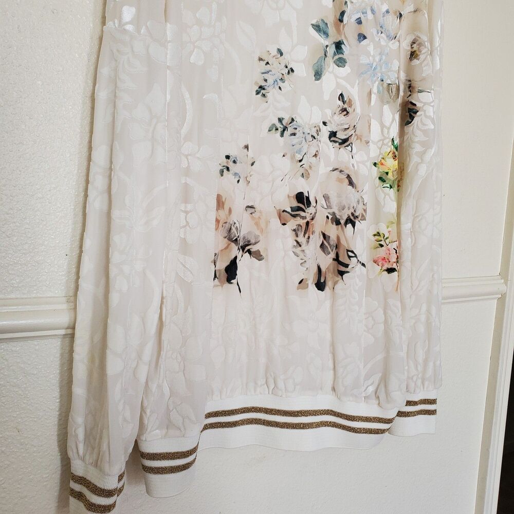 Desigual Women's XL Off-White Burnout Velvet Floral Sheer Top Gold Trim Pullover - Picture 5 of 15